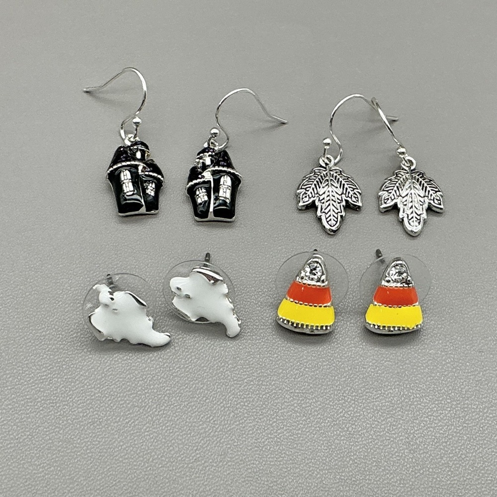 Earrings Halloween Lot 4 Pairs Haunted House Ghost Candy Corn Leaf Fall Enamel